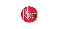 Rheem logo in white text inside a red circle on a white background