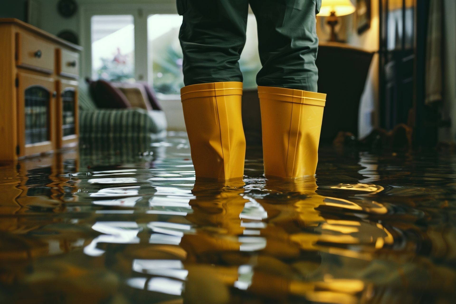 Person standing in floodwater indoors, wearing yellow rain boots