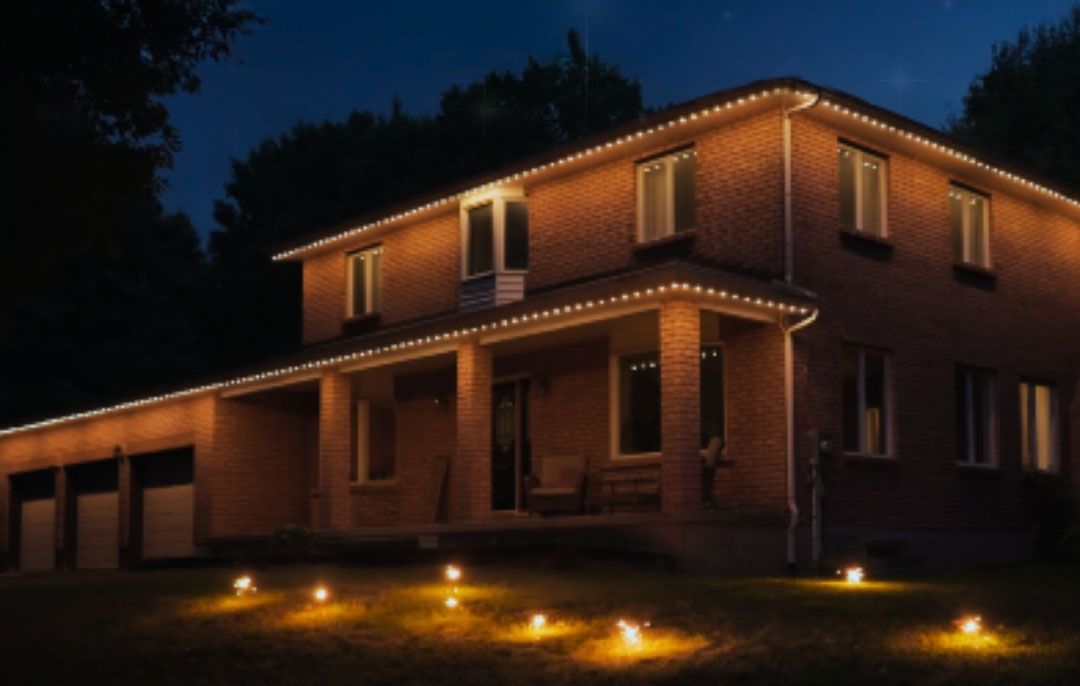 Brick two-story house at night with warm exterior lights and lit pathway