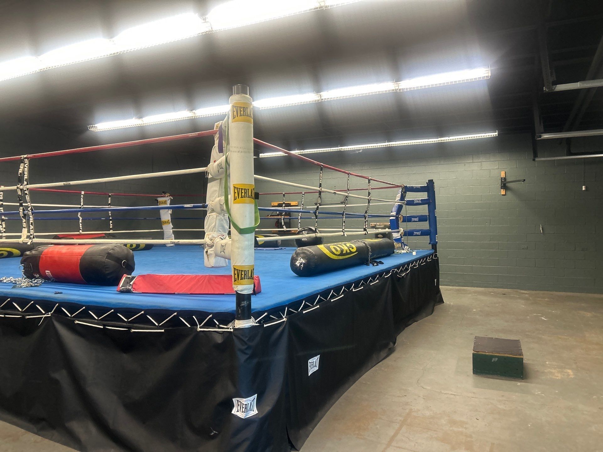 Empty boxing ring in a dim indoor gym.
