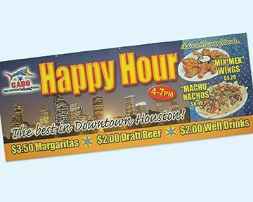 A banner for a happy hour in downtown houston
