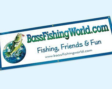 A banner for bass fishing world with a fish on it