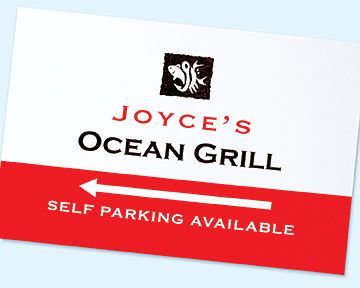 A red and white sign for joyce 's ocean grill