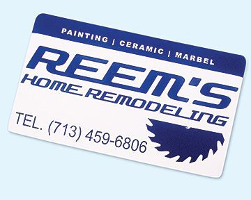 A blue and white business card for reem 's home remodeling