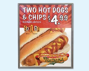 A poster for two hot dogs and chips for $ 4.99
