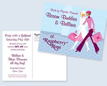 A postcard that says shop with a girlfriend at raspberry rose