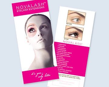A brochure for novalash eyelash extensions with a picture of a woman 's face