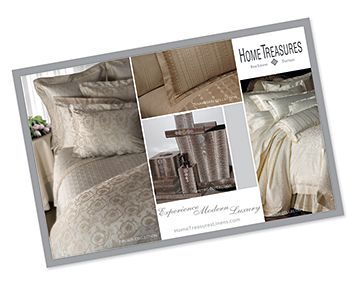 A brochure for home treasures features a bedspread and pillows