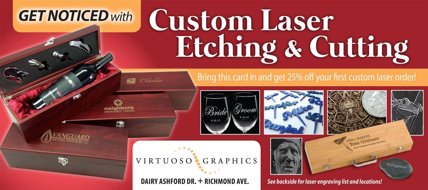 An advertisement for custom laser etching and cutting.