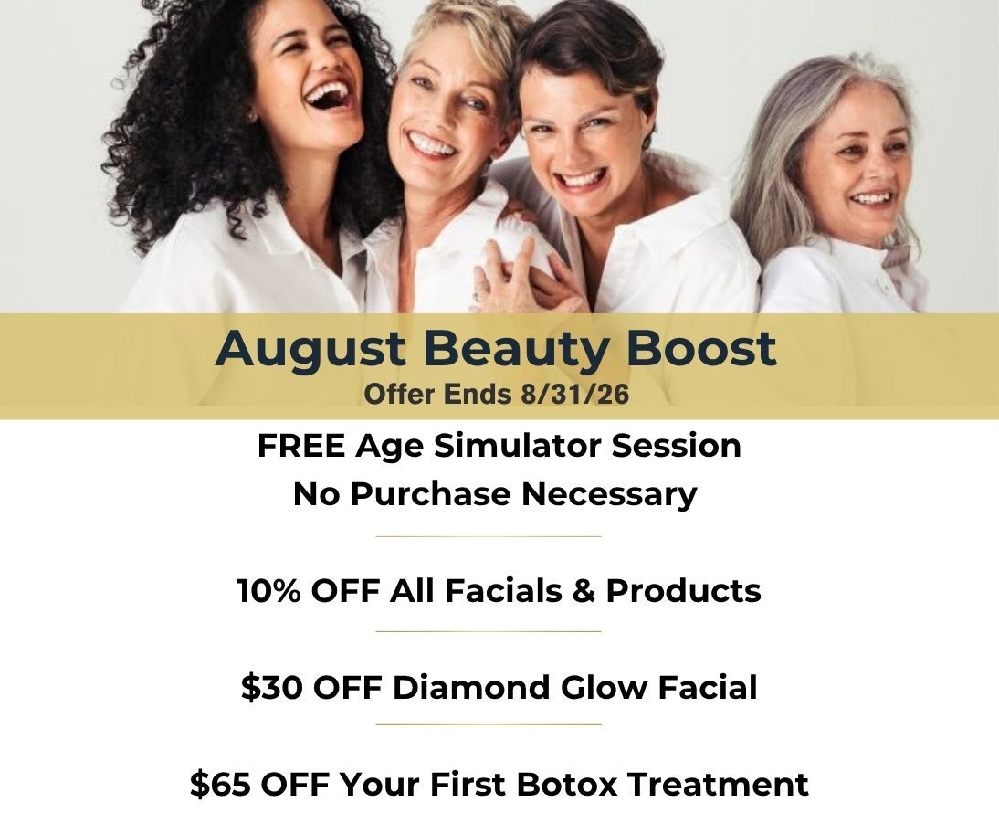 June specials promo: 20% off facials and $75 off filler, with a woman’s face on a gold-and-black ad
