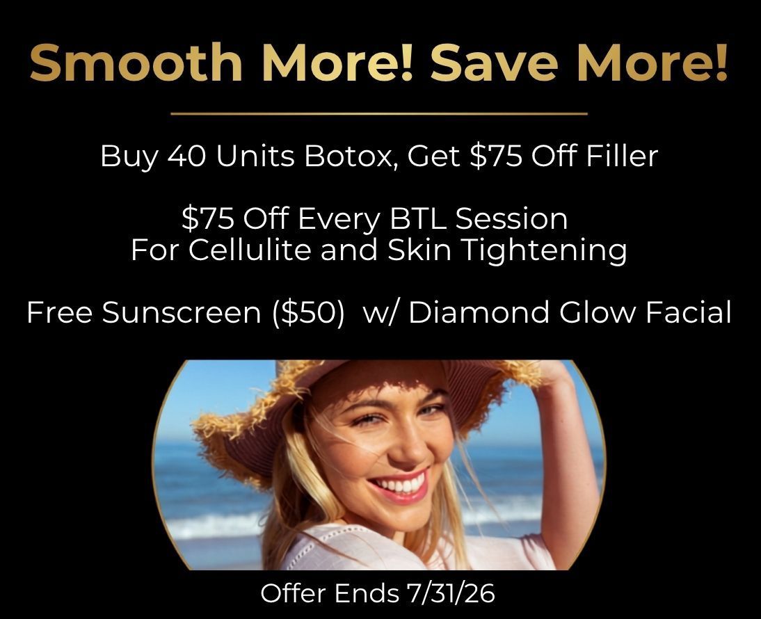 June specials promo: 20% off facials and $75 off filler, with a woman’s face on a gold-and-black ad
