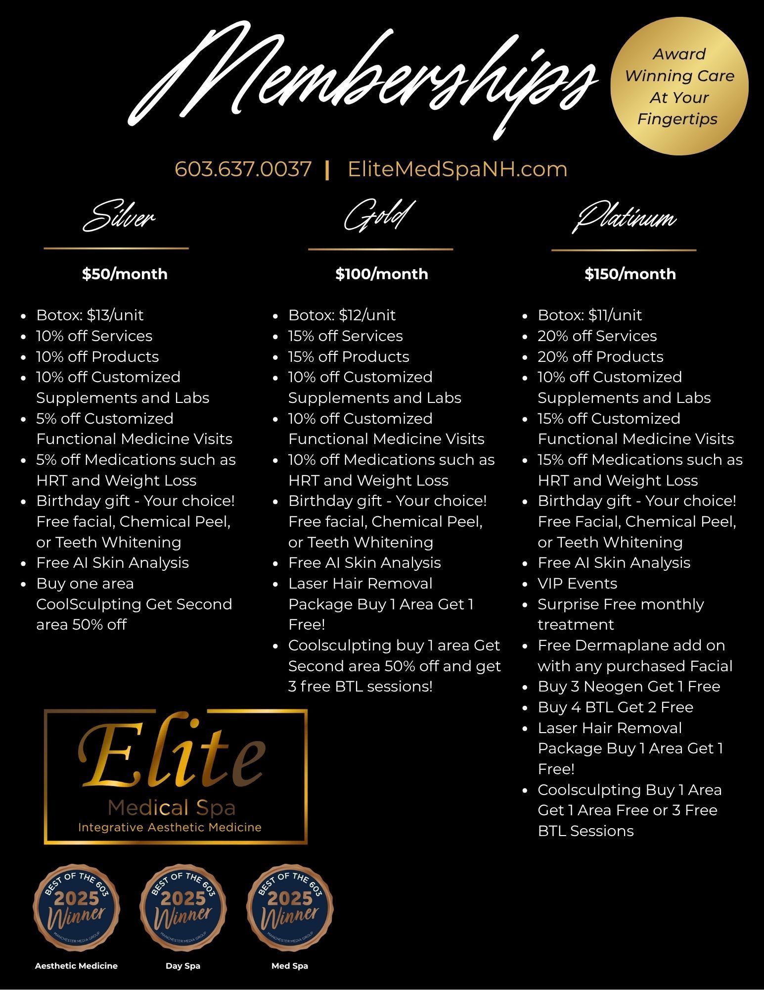 Membership tiers and benefits for a med spa. Silver, Gold, and Platinum options are shown.