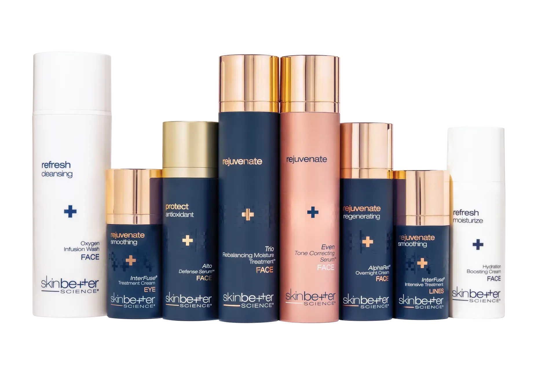 Skincare products in white, navy blue, and rose gold packaging, arranged on a white background.