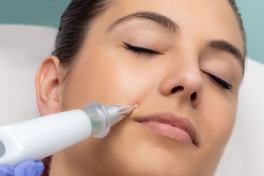 Cosmetic injector applying treatment to a woman’s cheek with a handheld device