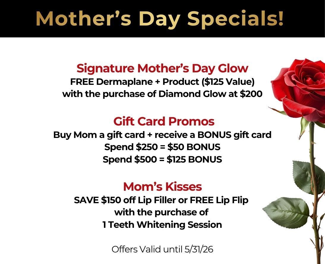 Mother’s Day specials flyer with pink flowers and offers for gifts, glow treatment, and lip filler savings