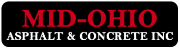Company logo with the red text "MID-OHIO" above white text "ASPHALT & CONCRETE INC" on a black rectangular background.