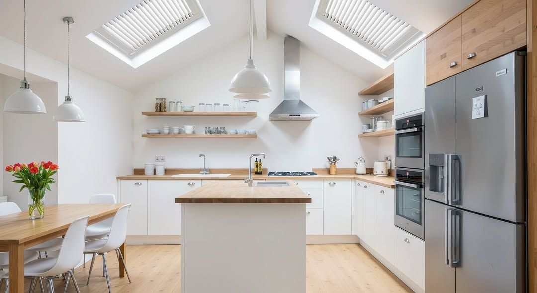 Bright kitchen with skylights, white cabinets, wooden countertops, stainless steel appliances, and a dining table.