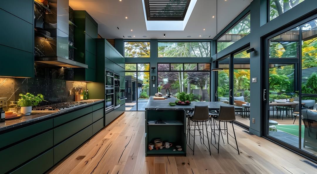 Green kitchen with island, large windows, wood floor, and skylight.