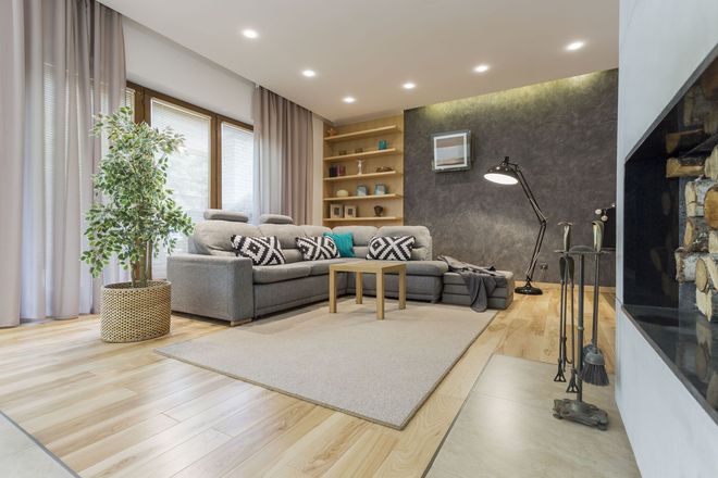 A modern living room with a gray sectional sofa, a light wood coffee table, a potted plant, and a large fireplace area.
