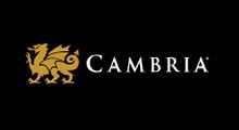 A logo for cambria with a dragon on a black background.