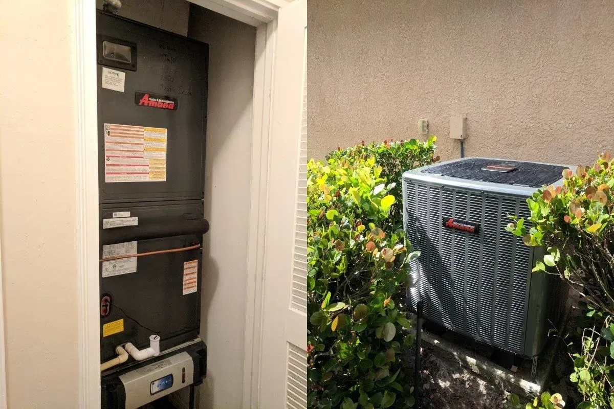 Outdoor HVAC unit beside a narrow utility closet with electrical equipment inside