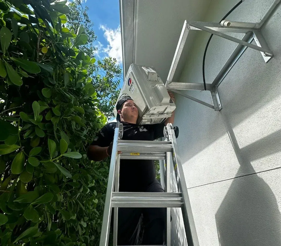 Person on a ladder working beside a white house wall, reaching toward an exterior fixture under a leafy tree