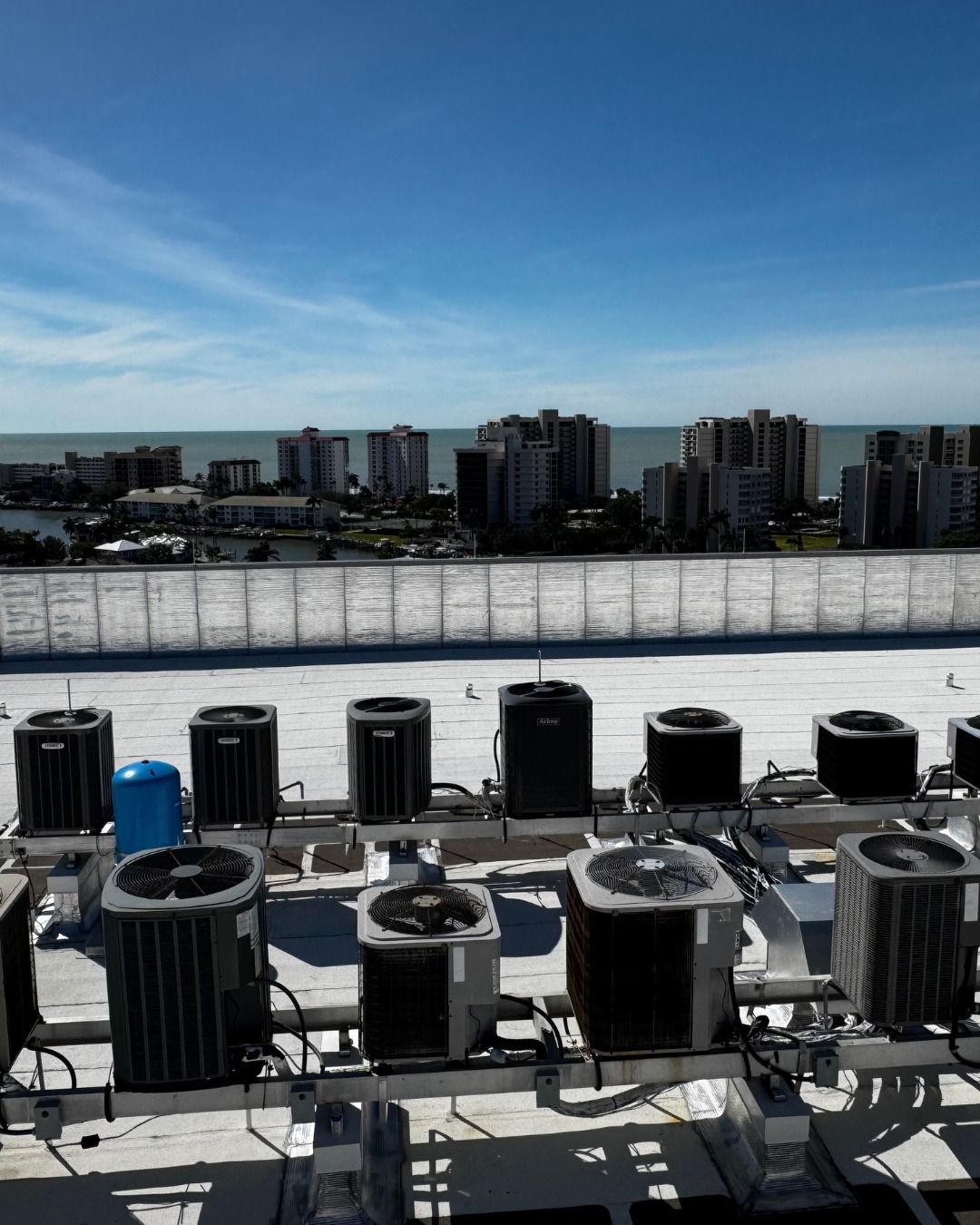 Rooftop HVAC units in the foreground with a city skyline under a clear blue sky.