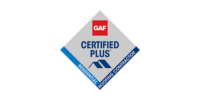 A diamond-shaped GAF Certified Plus Residential Roofing Contractor logo in red, white, blue, and gray.