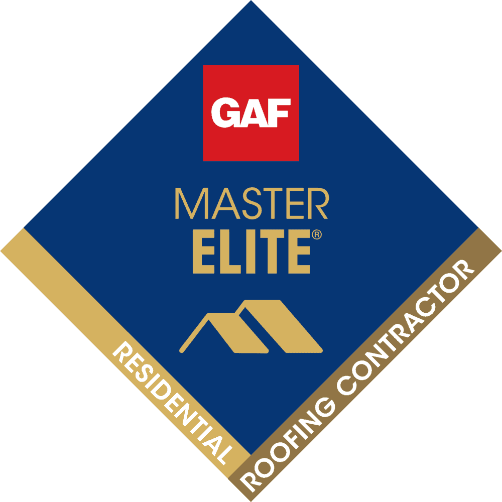 GAF Master Elite residential roofing contractor badge in blue, gold, and red diamond shape