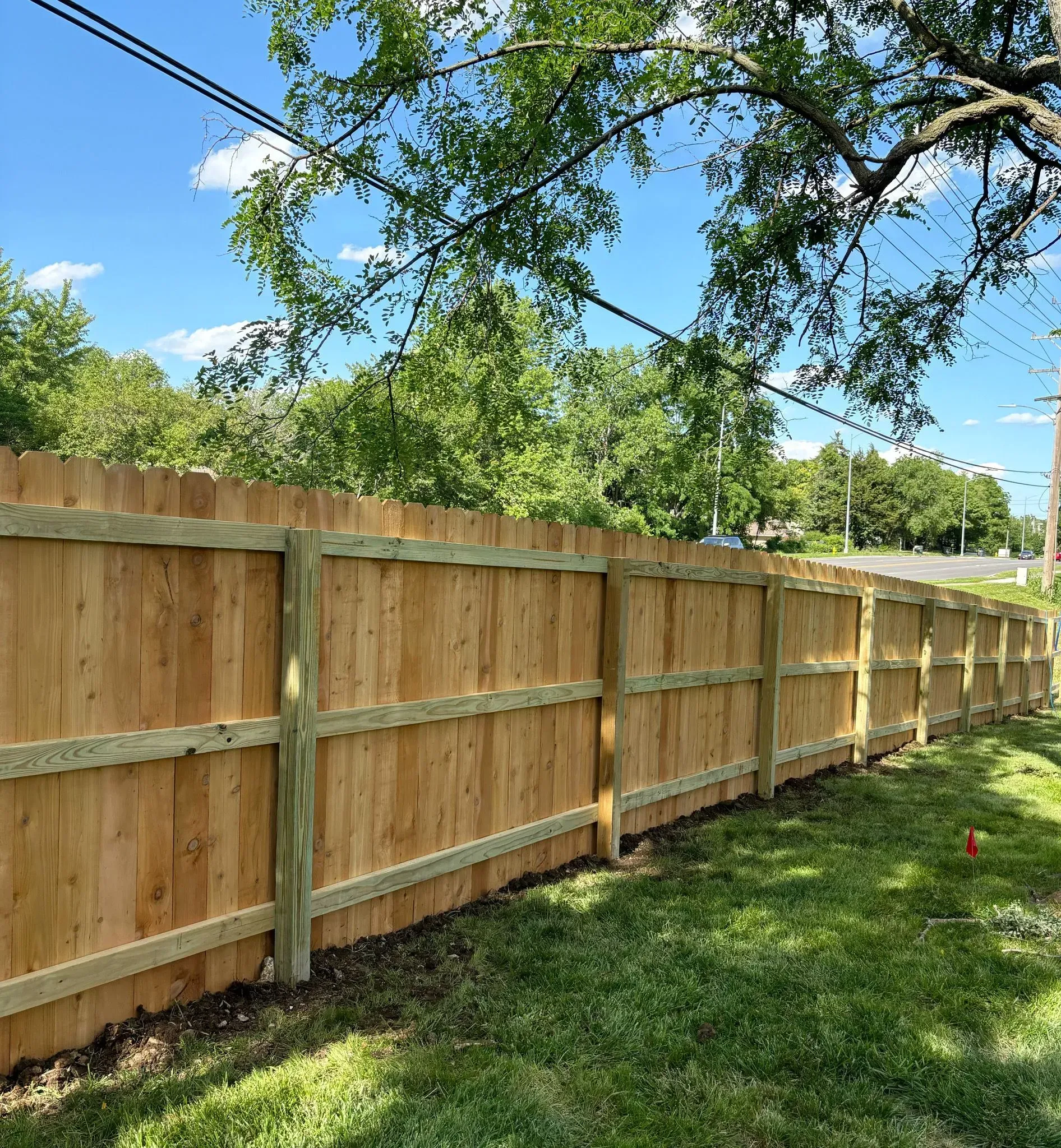 Wooden fence in a backyard, sunny day. Green grass, trees, and power lines in background.