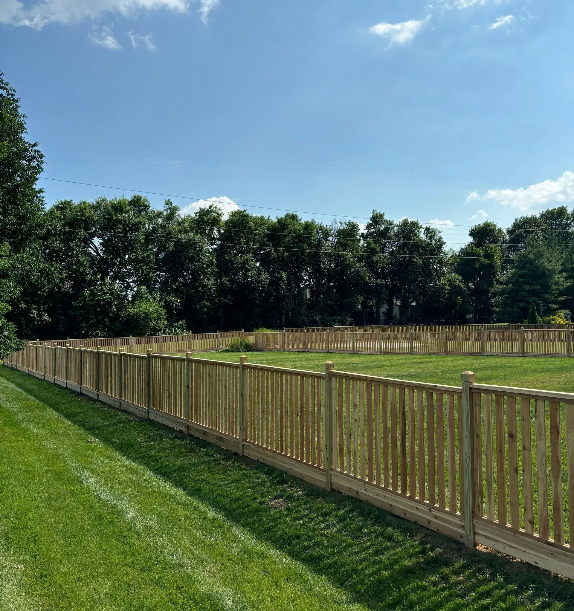 Wooden fence bordering a grassy field, trees in the background, blue sky overhead.