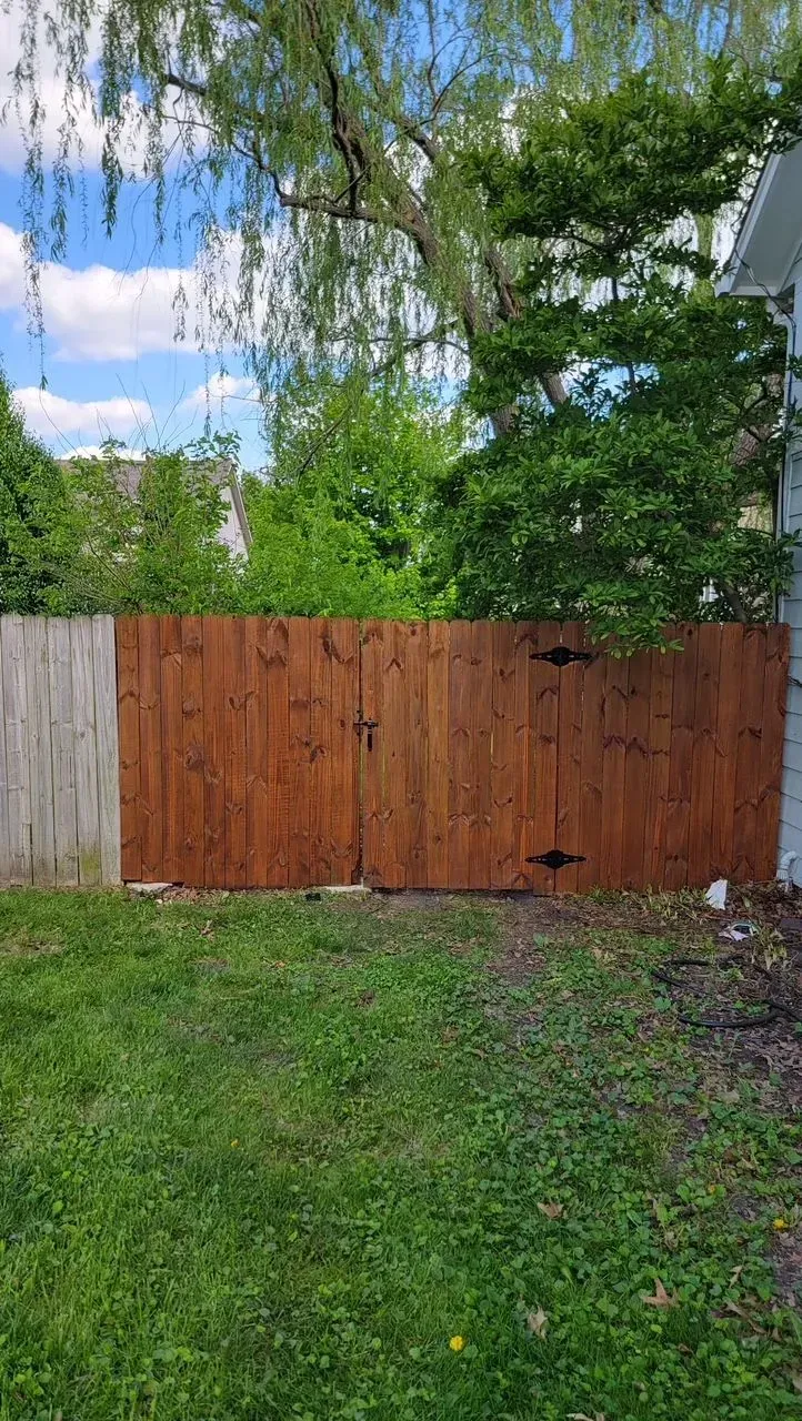 Wooden fence and gate with dark brown stain in a grassy backyard, blue sky peeking through trees.