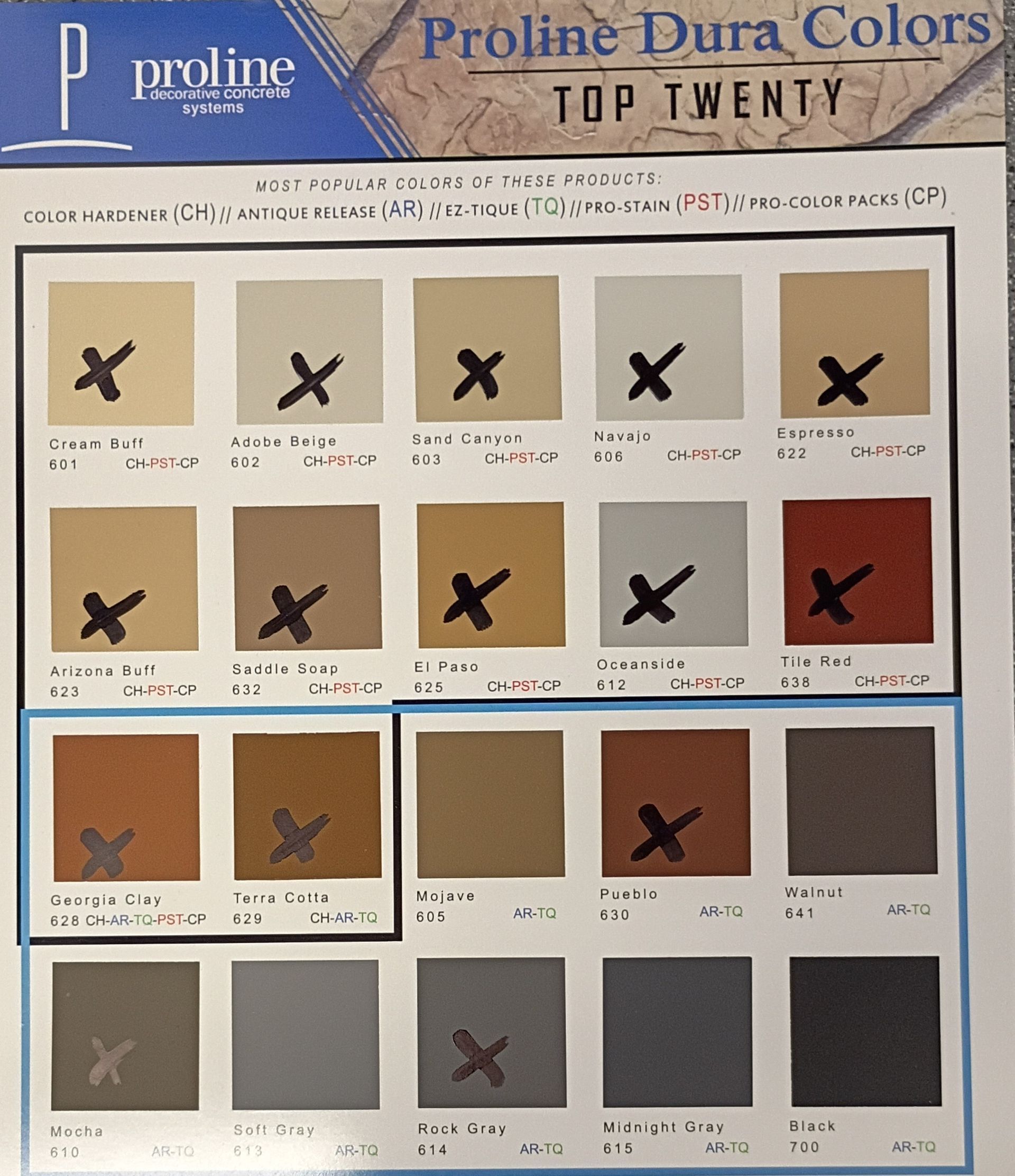 A Proline Dura Colors Top Twenty chart showing color swatches, many marked with black 