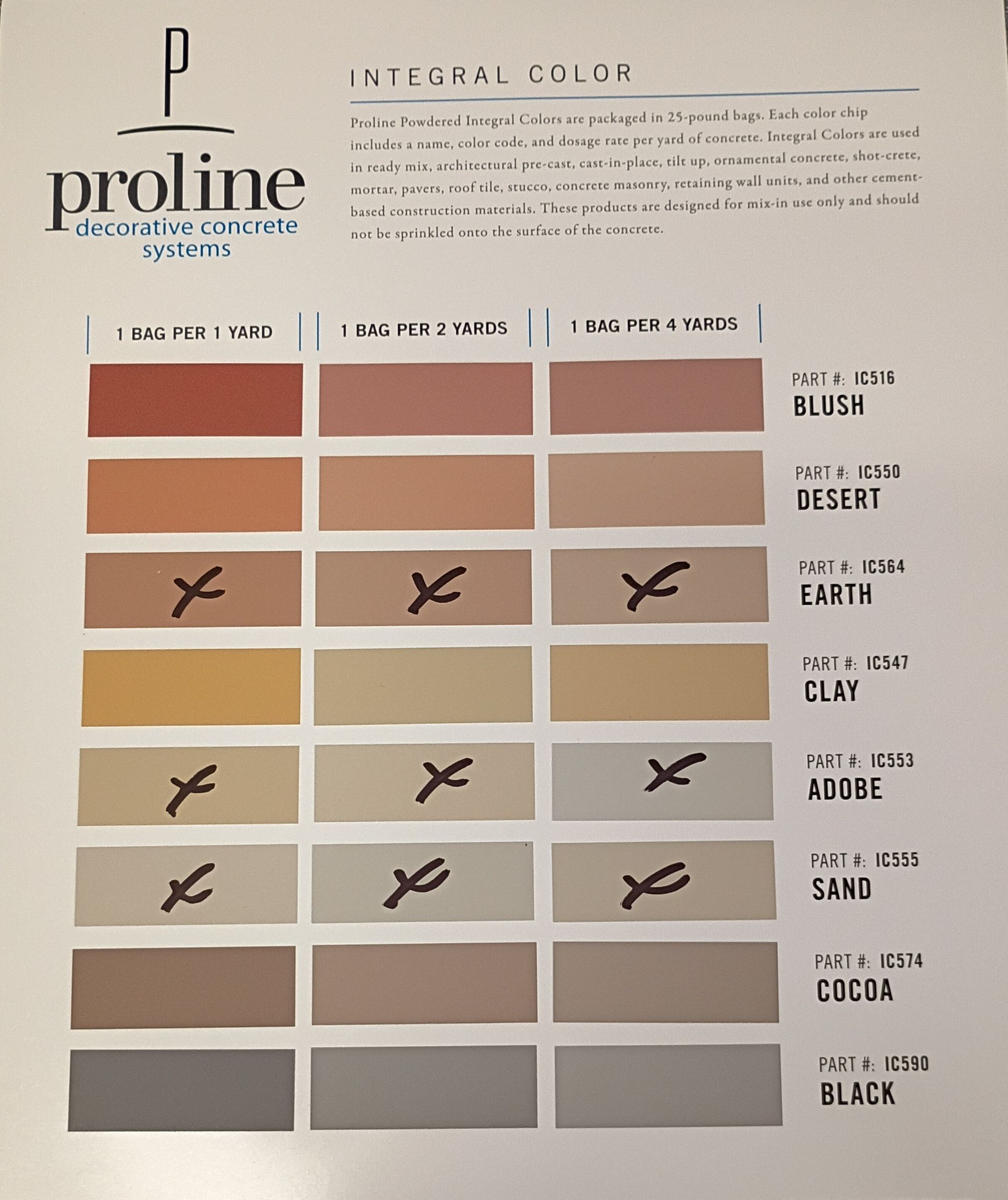 A Proline color chart showing eight rows of color samples with labels like Blush, Desert, Earth, Clay, Adobe, Sand, and Black.