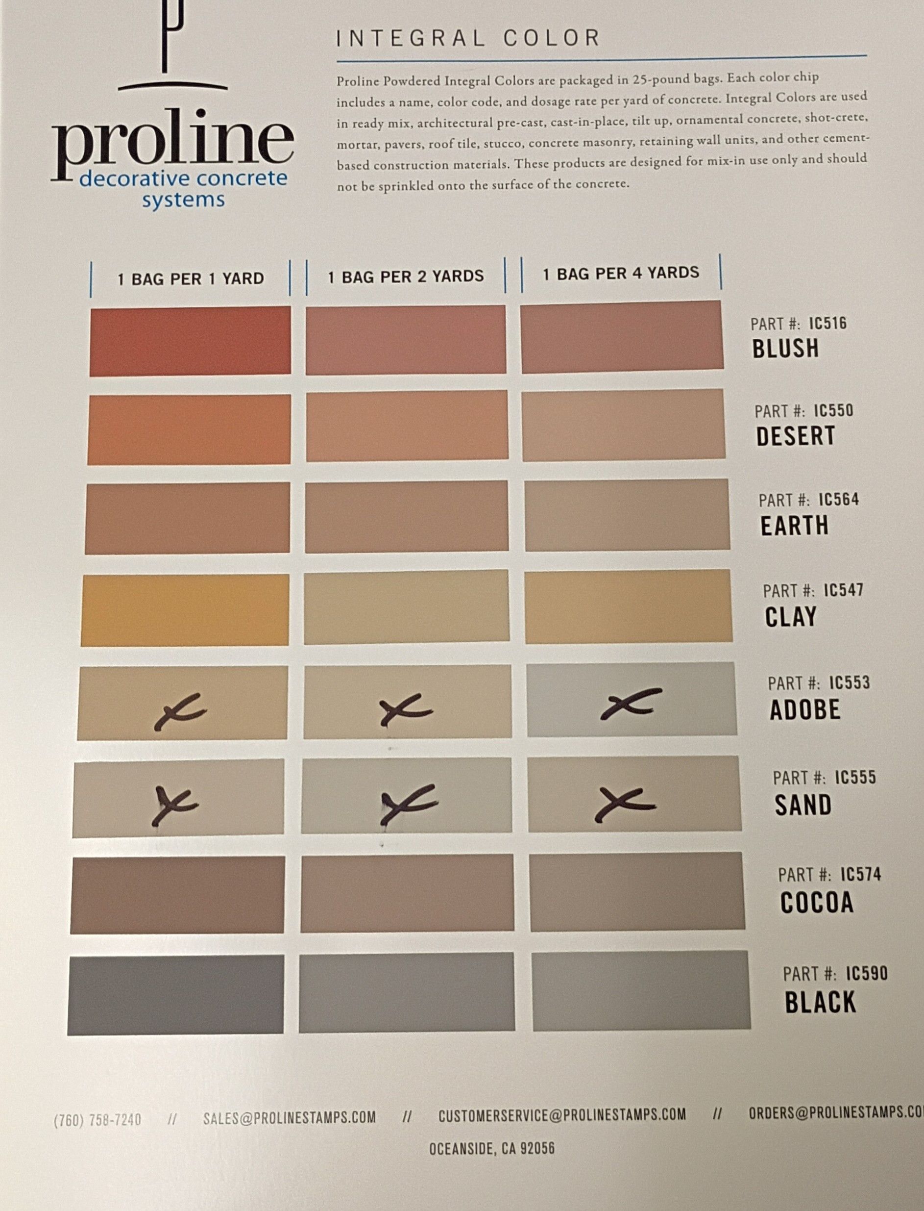 Proline cosmetics color chart with beige, blush, earth, clay, sand, cocoa, and black swatches.