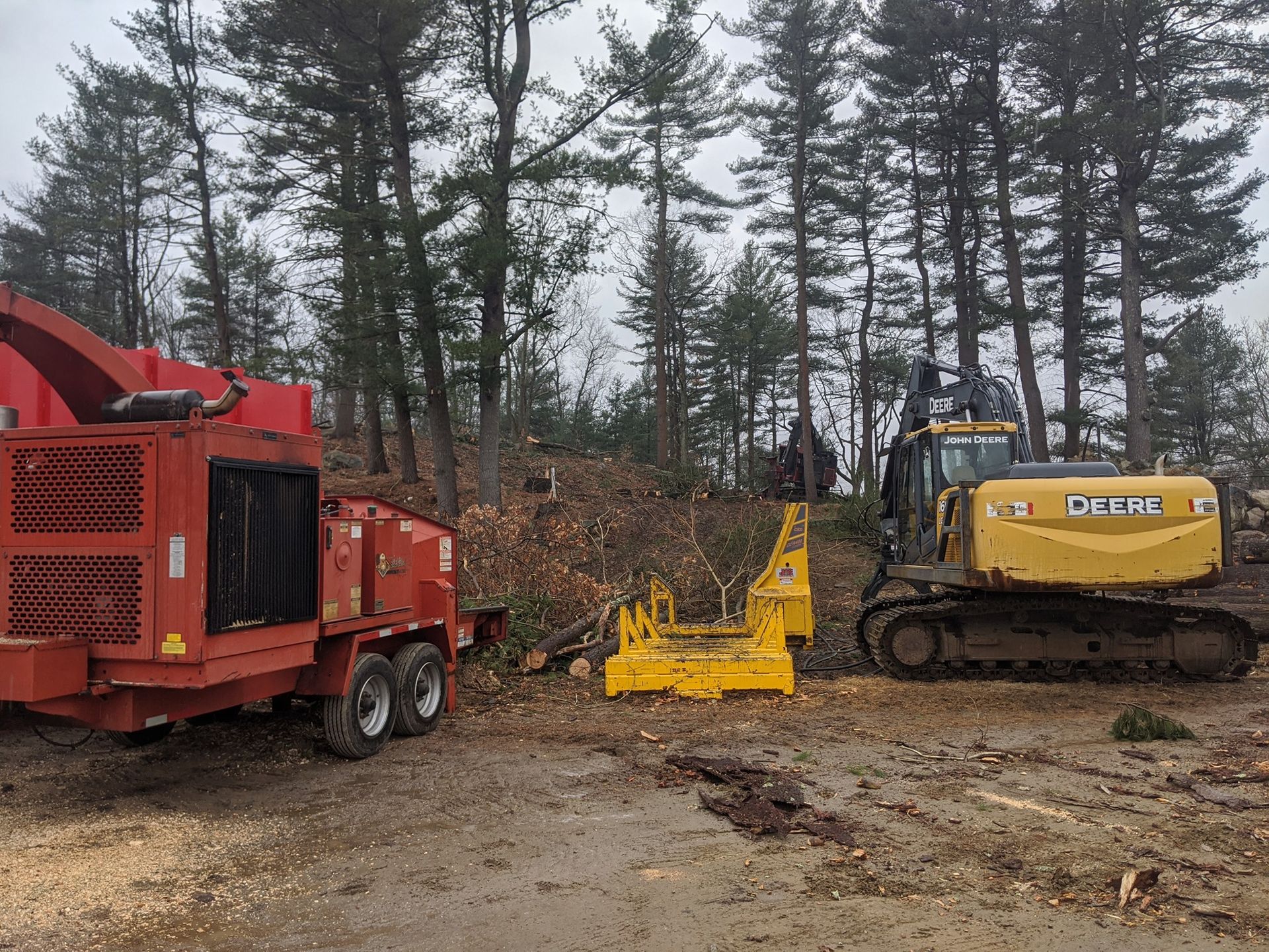 A wood chipper and excavator clearing logs in a forest.