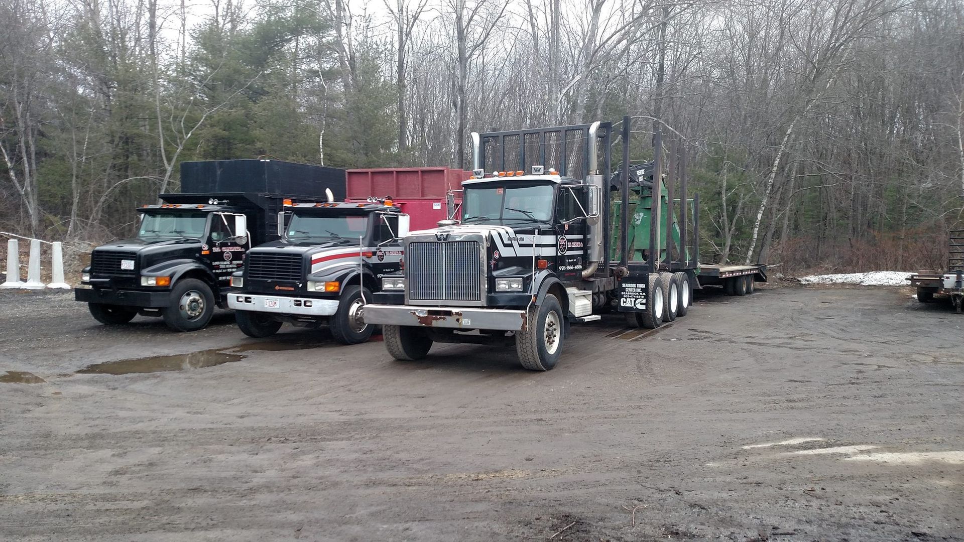 Three semi-trucks parked on a gravel lot near trees. The trucks vary in color and size, with trailers.