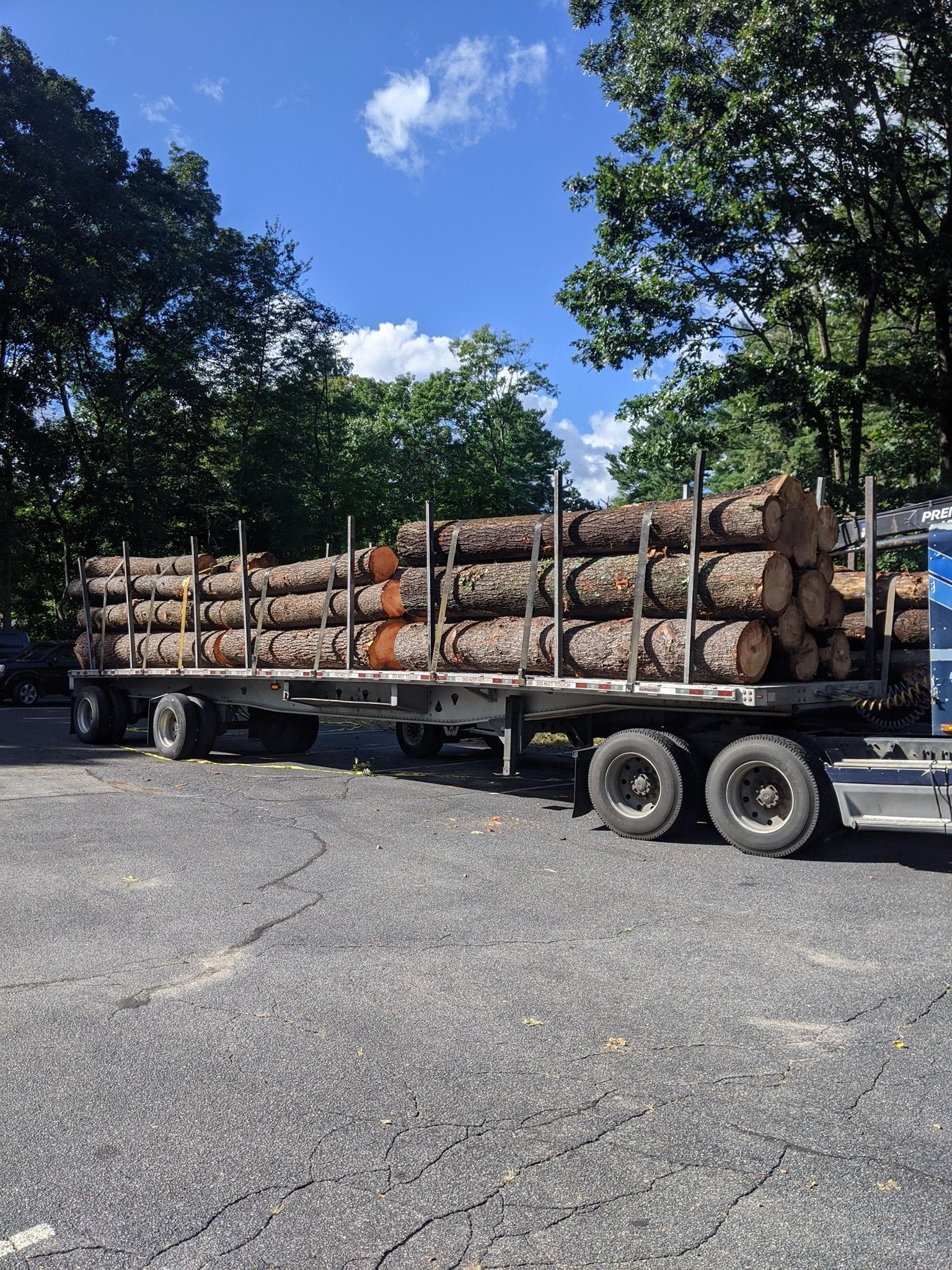A flatbed truck loaded with logs parked on gravel under a blue sky.