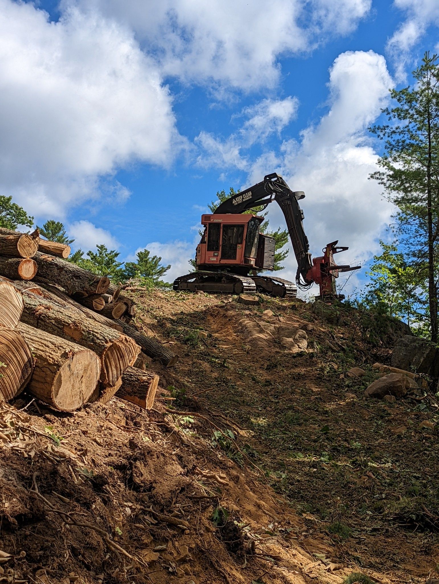 Logging machine atop a hill, cutting trees, piled logs in foreground, blue sky with clouds.