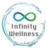 Logo for Infinity Wellness, featuring an infinity symbol in blue and green within a water droplet circle.
