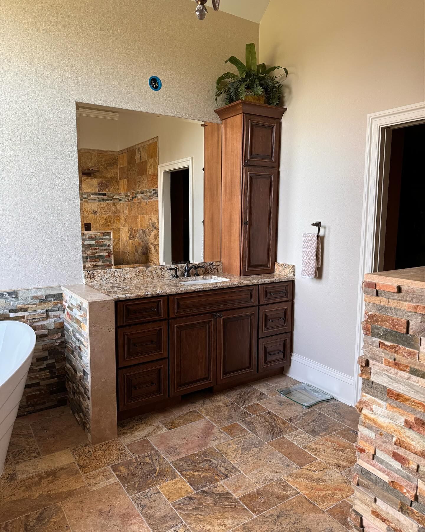Bathroom with dark wood vanity, stone tile, and a tall cabinet holding a plant.