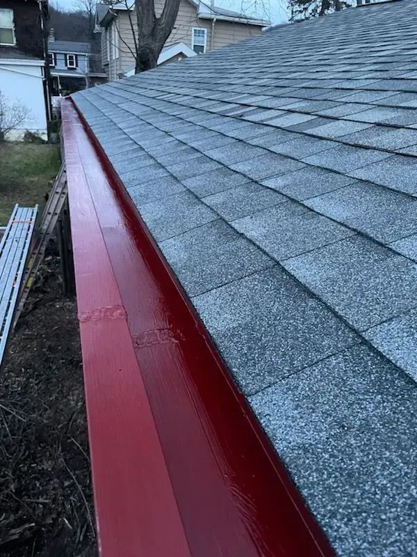 Red gutter beneath gray roof shingles on a house exterior, viewed along the roof edge.