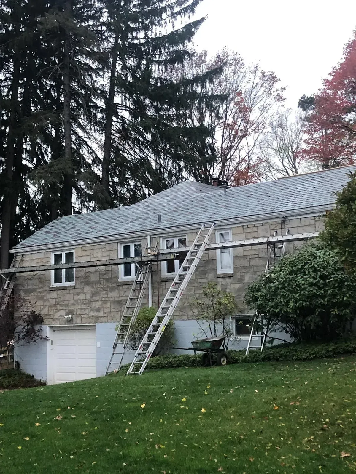 Two ladders leaning against a stone house with roof work underway in a wooded yard