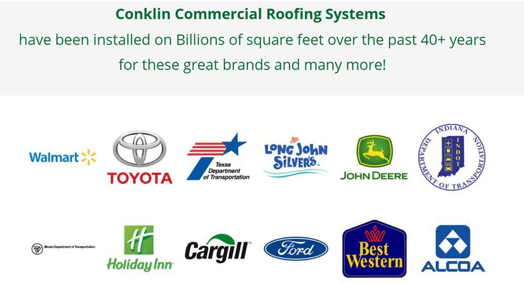 Logos of brands Conklin Commercial Roofing Systems has worked with, including Walmart, Toyota, John Deere, and Best Western.