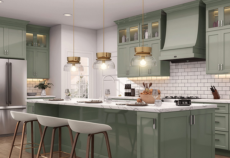 Bright wood kitchen with granite island, glossy tile floor, and large windows under recessed lighting