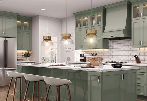 Stylish sage green kitchen with island, stools, pendant lights, and stainless steel appliances