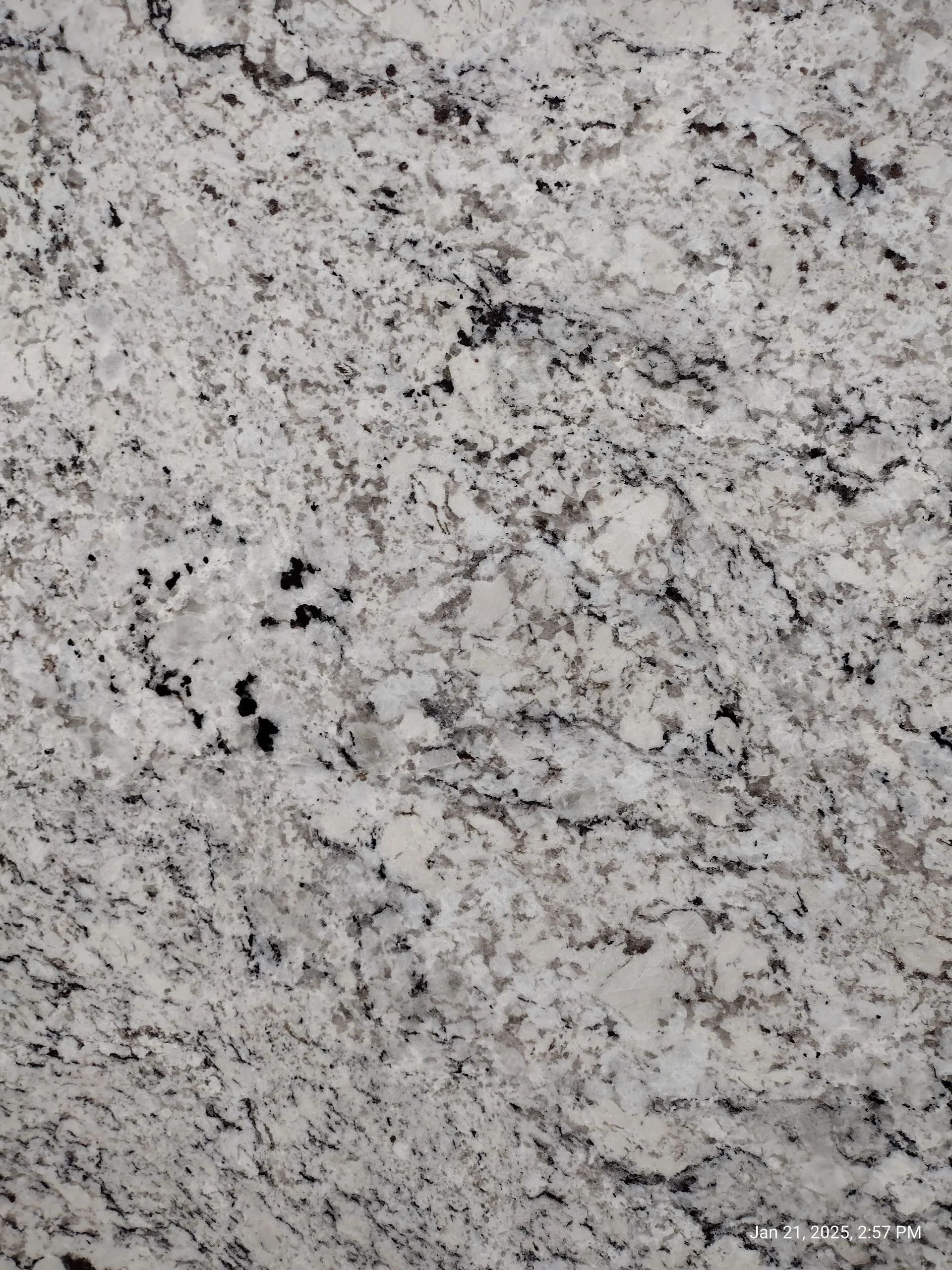 Close-up of gray speckled granite countertop with black and white flecks.