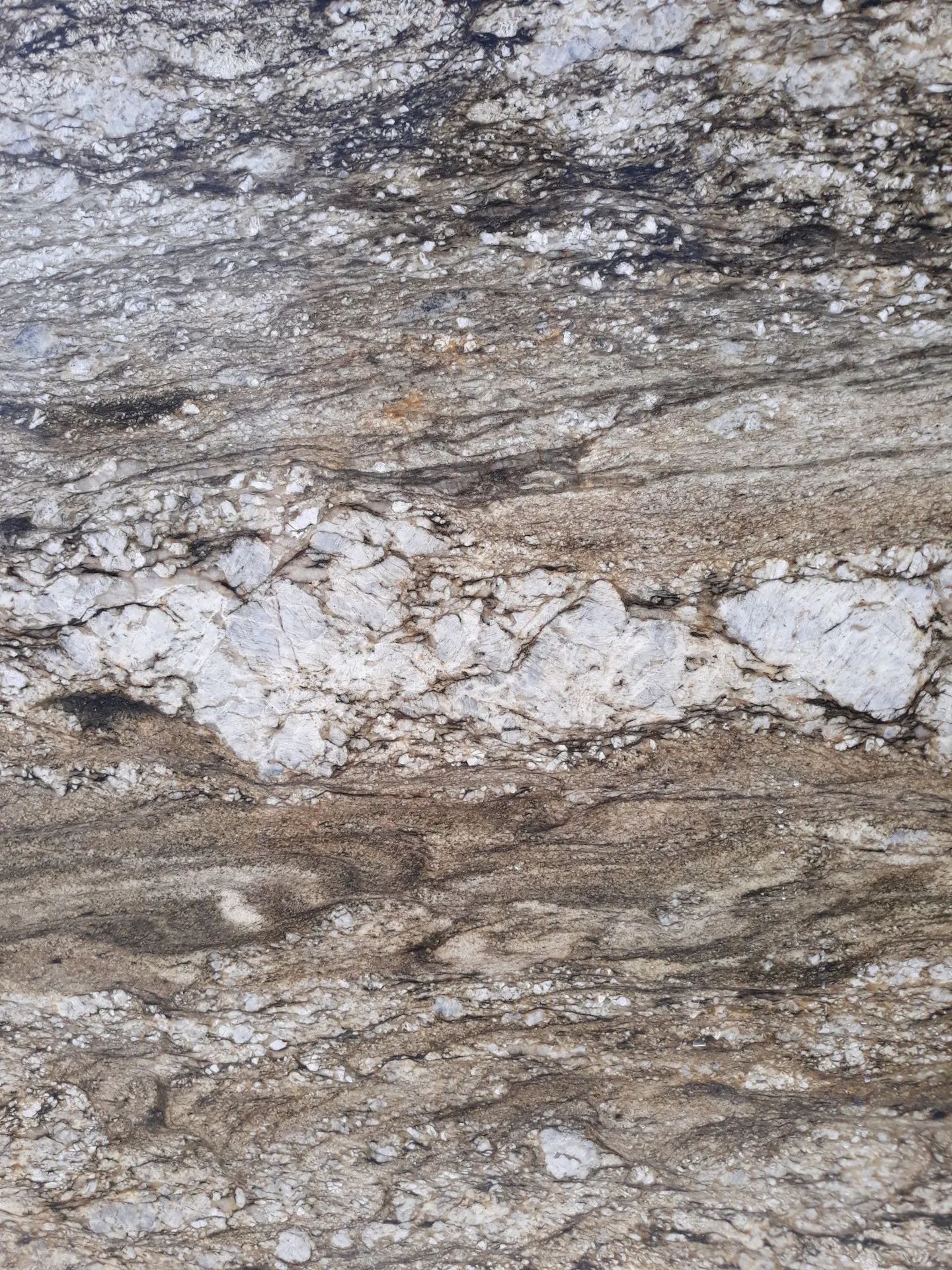 Close-up of layered gray and white rock with rough, textured patterns