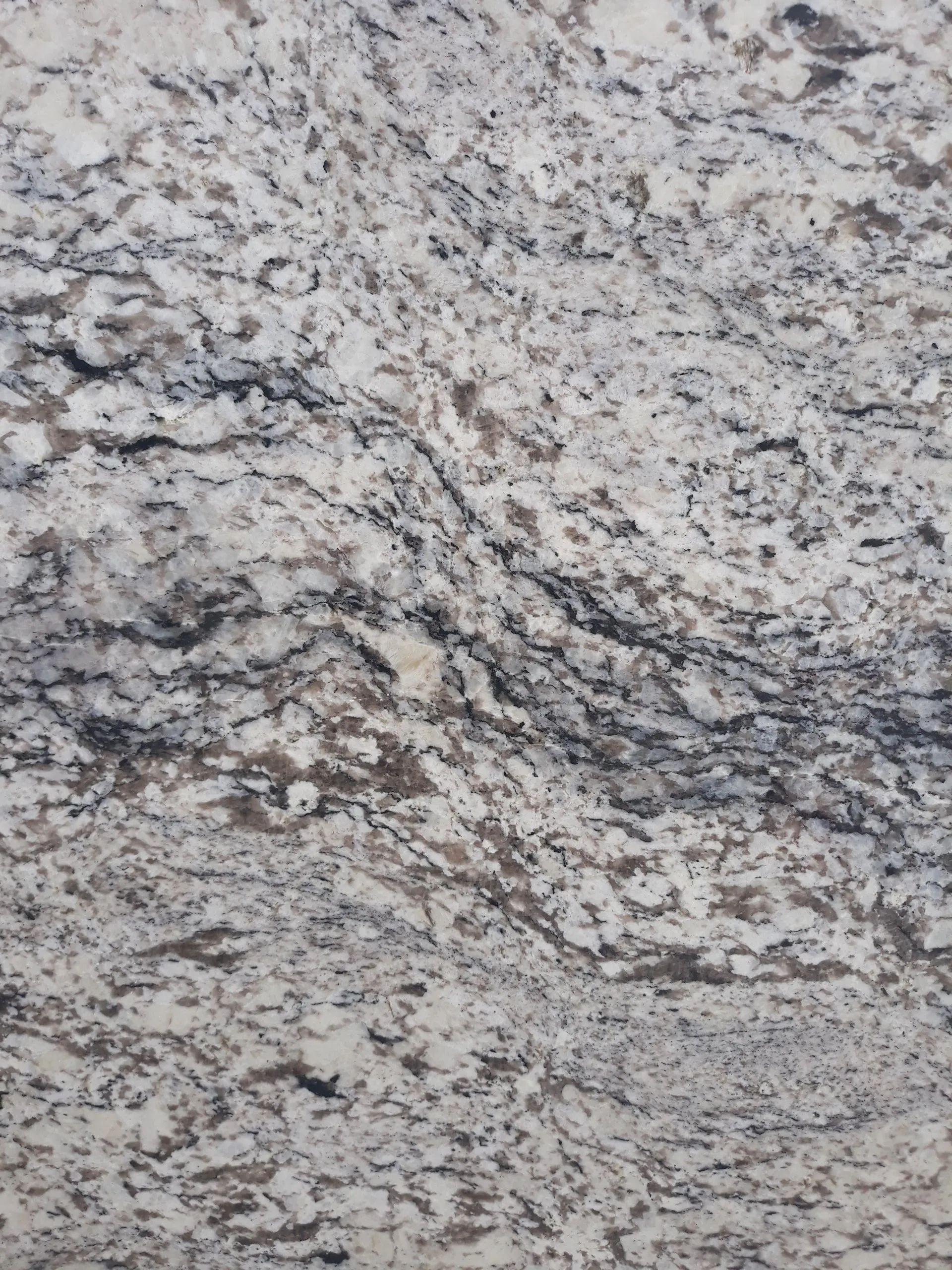 Close-up of a light gray granite surface with dark speckled veining