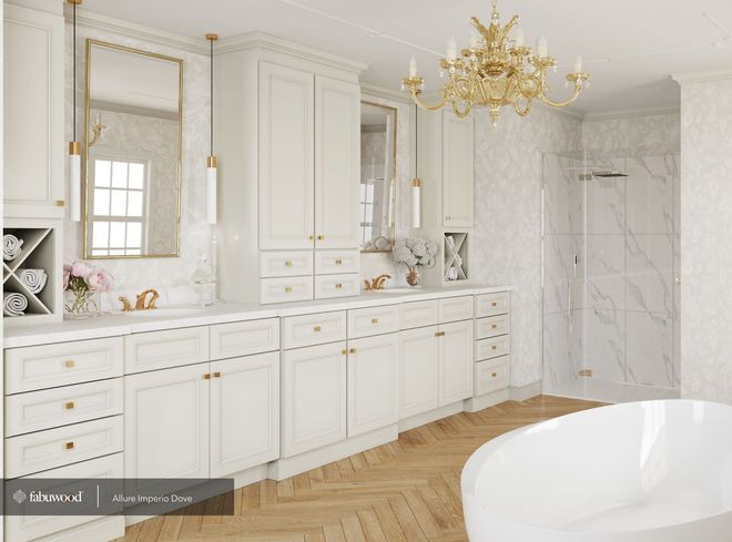 Modern bathroom with freestanding tub, glass shower, double vanity, and large windows
